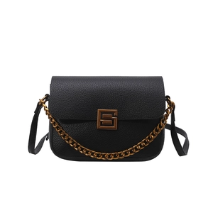 Classic black litchi grain leather shoulder bag with gold chain and metal twist lock