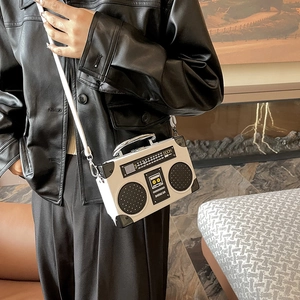 Retro radio shaped crossbody bag for women with black and white color block design