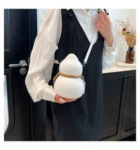Unique white gourd-shaped crossbody bag with brown braided waist detail and silver hardware