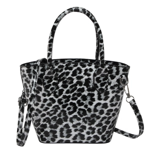Stylish leopard print bucket bag with glossy finish and detachable shoulder strap