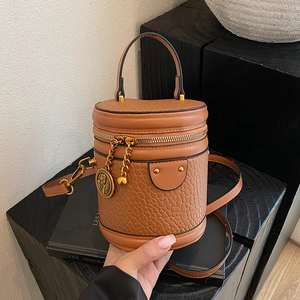 Elegant PU Leather Cylinder Bucket Bag For Women Retro Handbag Crossbody Shoulder Purse With Gold-Tone Hardware Charm