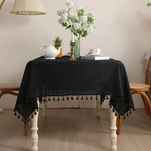 Elegant black hollow crochet lace tablecloth with fringe for rustic dining room decor
