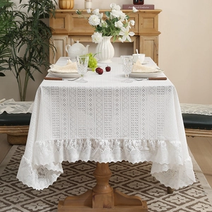 French vintage white lace tablecloth with geometric hollow patterns and wavy edges