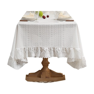 Nordic vintage white lace tablecloth with geometric patterns and ruffle edges for dining tables