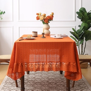 Nordic luxury burnt orange tablecloth with vintage lace edges and ruffle details
