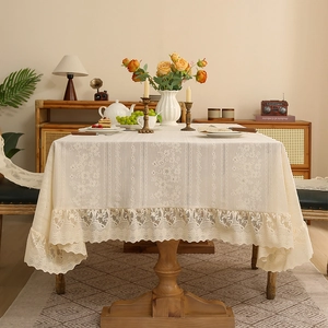 Elegant Nordic beige lace tablecloth with floral embroidery and ruffled edges for home decor