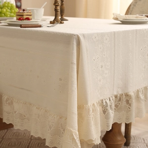 Nordic light luxury lace tablecloth with floral embroidery and ruffle edges