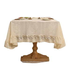 Beige Nordic luxury lace tablecloth with floral embroidery and elegant ruffles