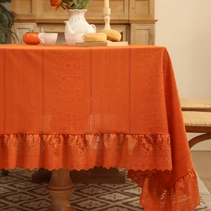 Nordic vintage orange tablecloth with exquisite lace edges and floral embroidery