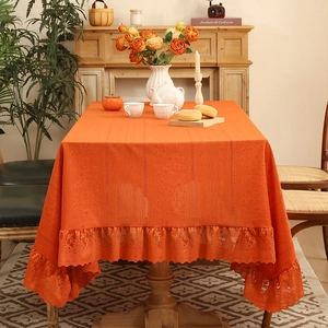 Nordic luxury vintage orange tablecloth with elegant lace edges and jacquard texture
