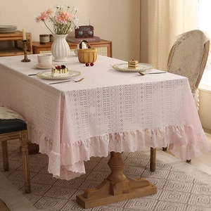 Elegant Lace Tablecloth Hollowed Out Polyester Rectangular Table Cover With Ruffled Edge For Dining Room French Country Style