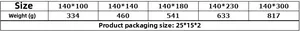 Size chart for thick linen tablecloth showing dimensions and weights for various options