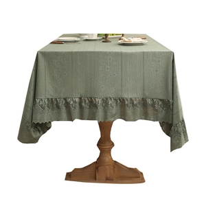 Sage green rectangular lace tablecloth with vintage floral pattern and elegant lace borders