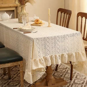 Lace Tablecloth Hollow Diamond Pattern Ruffle Edge Polyester Decorative French Retro Table Cover For Dining Room Kitchen