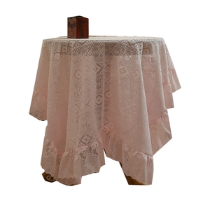Pink vintage round lace tablecloth with floral hollow embroidery and ruffled edges