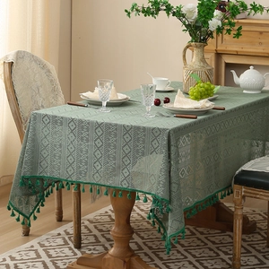 Dark green hollow lace tablecloth with elegant tassels for rectangle dining tables
