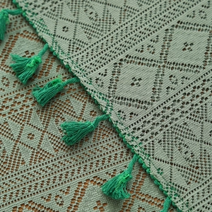 Sage green crochet hollow lace tablecloth with tassels and geometric diamond pattern