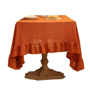Nordic luxury caramel lace tablecloth with geometric hollow patterns and ruffle edges