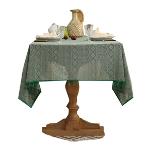 Dark green hollow lace tablecloth with diamond jacquard and elegant fringe tassels