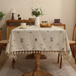 Linen embroidered tablecloth with floral patterns and white tassels for home dining