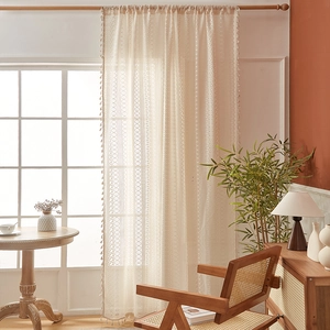 Beige Lace Sheer Curtain Hollow Out Crochet Tassel Fringe Retro Bohemian Window Screen Living Room Bedroom Room Divider