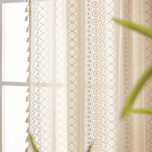 Retro boho lace curtain with tassel edges and geometric patterns for home decor