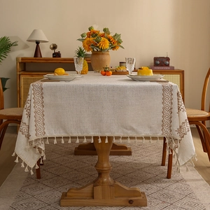 Linen tablecloth with geometric embroidery and tassel fringe for dining home decor