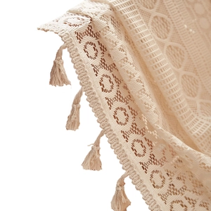 Bohemian style beige lace curtain with intricate crochet pattern and fringe detail