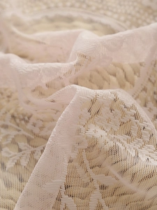 Macro detail of French pastoral lace fabric with delicate floral texture and mesh patterns