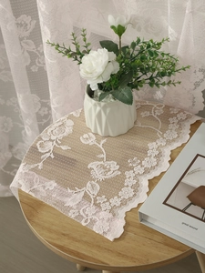 Detailed close-up of French rose lace curtain fabric with elegant mesh floral patterns