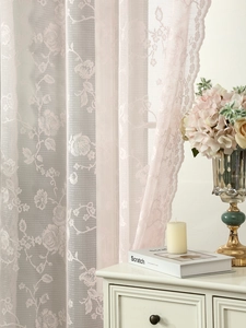 Macro shot of light pink lace curtain featuring elegant rose floral patterns and textures