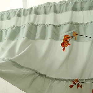 Mint green sheer kitchen curtain with multi-layered ruffles and soft wave texture