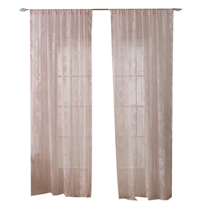 French lace curtain with pink floral pattern and rod pocket semi-sheer design