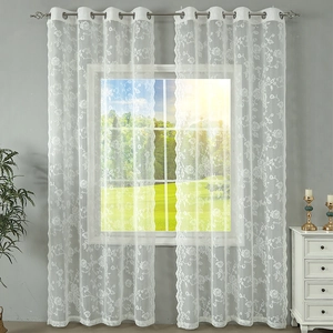 French Rose Lace Curtains Grommet Top Polyester Mesh Sheer Rose Embroidery Scalloped Edge For Bedroom Living Room Decor