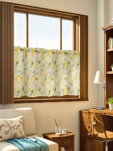 Detail of rod pocket cafe curtain with lemon and green leaf pattern on fabric