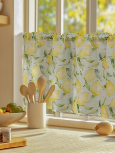 Detailed view of fresh lemon print on semi-sheer fabric for kitchen cafe curtains