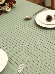 Detailed view of mint green lace tablecloth with floral hollow embroidery and soft texture
