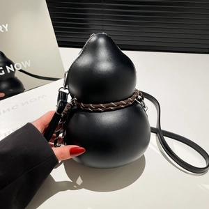 Niche Design Women Gourd Shaped PU Leather Crossbody Bag Trendy Stitching Shoulder Bag With Decorative Cord Fashion Sling Bag