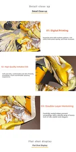 Macro shot of digital floral print on yellow silk-like scarf with reinforced edges