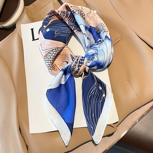 Elegant wave pattern silk scarf for women in navy and orange for professional styling