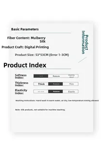 Specifications for 100% silk square scarf showing 53x53cm size and digital printing details