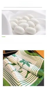 Detailed view of silk square scarf featuring green leaf patterns and polka dots texture