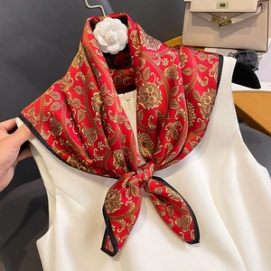 Elegant red silk scarf with gold floral patterns and black borders for women