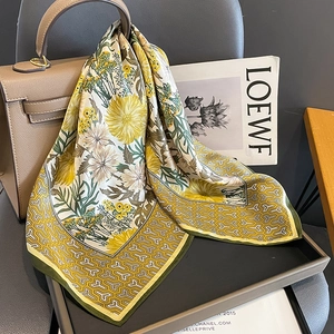 Square Scarf Mulberry Satin Chrysanthemum Flower Print Fashion Geometric Neck Kerchief For Women