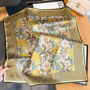 Elegant silk square scarf with yellow floral chrysanthemum prints and geometric border