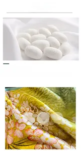 Macro detail of natural silk cocoons on floral print mulberry silk scarf fabric