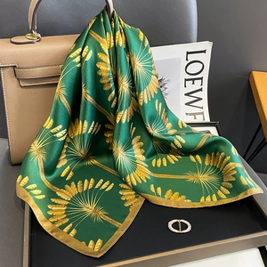 Mulberry Satin Square Scarf Green With Gold Palm Leaf Pattern Elegant Fashion Hair Accessories For Women Neck Decor