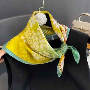 Elegant silk scarf with oil painting floral print in yellow and green silk finish