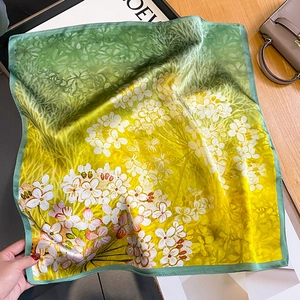 Floral oil painting silk square scarf with yellow and green pastoral pattern on table