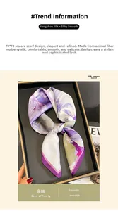 Macro view of 70x70cm mulberry silk square scarf with purple abstract pattern in gift box